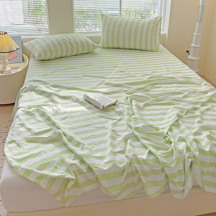 91家纺网 家纺一手货源 找家纺 爱彼家纺 2026春夏新款中条床单水洗棉亲肤柔软床单三件套-条纹系列一 果绿中条