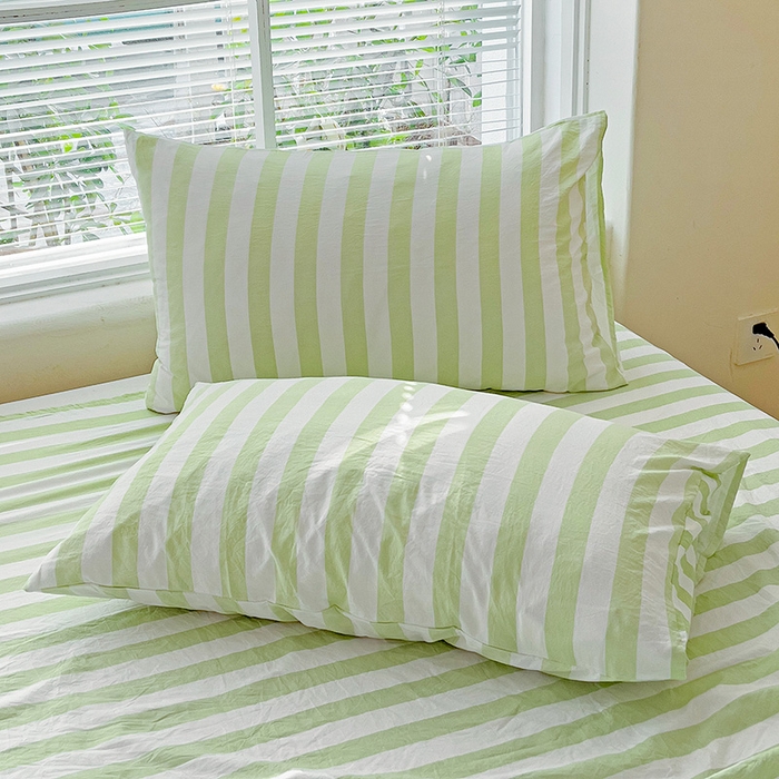 91家纺网 家纺一手货源 找家纺 爱彼家纺 2026春夏新款中条床单水洗棉亲肤柔软床单三件套-条纹系列一 果绿中条