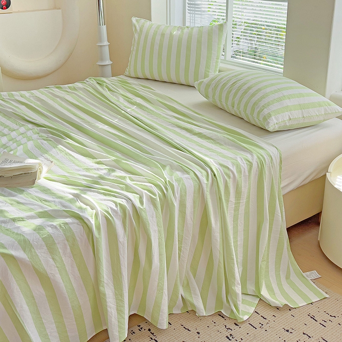 91家纺网 家纺一手货源 找家纺 爱彼家纺 2026春夏新款中条床单水洗棉亲肤柔软床单三件套-条纹系列一 果绿中条