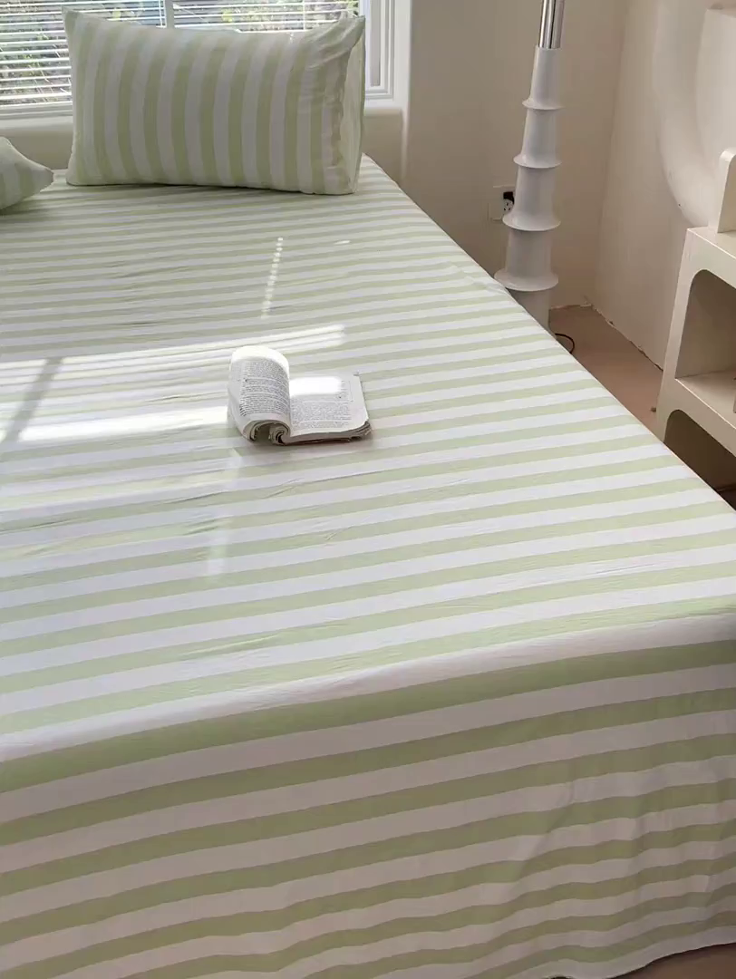 91家纺网 家纺一手货源 找家纺 爱彼家纺 2026春夏新款中条床单水洗棉亲肤柔软床单三件套-条纹系列一 果绿中条