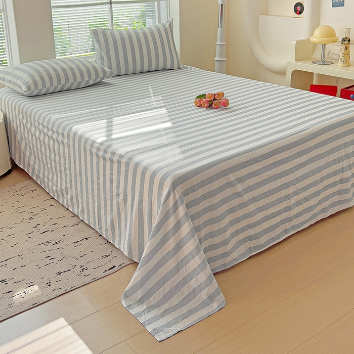 91家纺网 家纺一手货源 找家纺 爱彼家纺 2026春夏新款中条床单水洗棉亲肤柔软床单三件套-条纹系列一 蓝灰中条