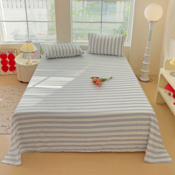 91家纺网 家纺一手货源 找家纺 爱彼家纺 2026春夏新款中条床单水洗棉亲肤柔软床单三件套-条纹系列一 蓝灰中条