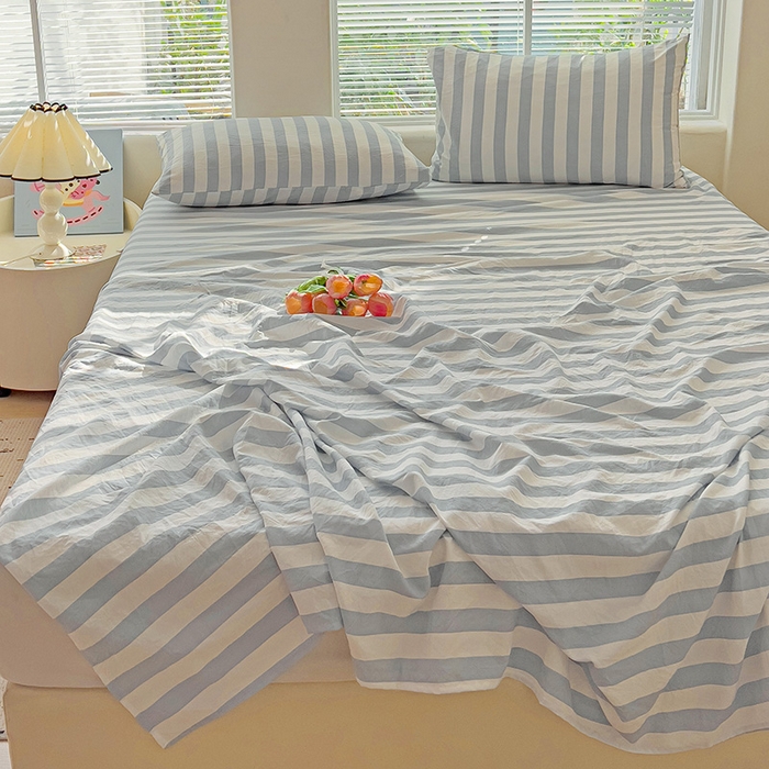 91家纺网 家纺一手货源 找家纺 爱彼家纺 2026春夏新款中条床单水洗棉亲肤柔软床单三件套-条纹系列一 蓝灰中条