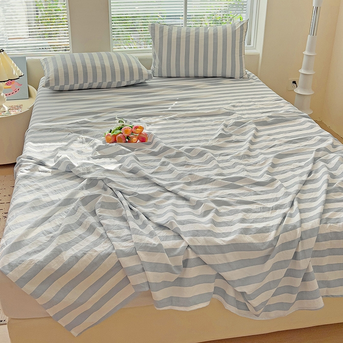 91家纺网 家纺一手货源 找家纺 爱彼家纺 2026春夏新款中条床单水洗棉亲肤柔软床单三件套-条纹系列一 蓝灰中条