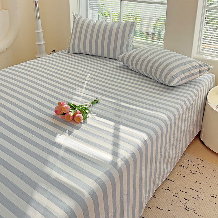 91家纺网 家纺一手货源 找家纺 爱彼家纺 2026春夏新款中条床单水洗棉亲肤柔软床单三件套-条纹系列一 蓝灰中条