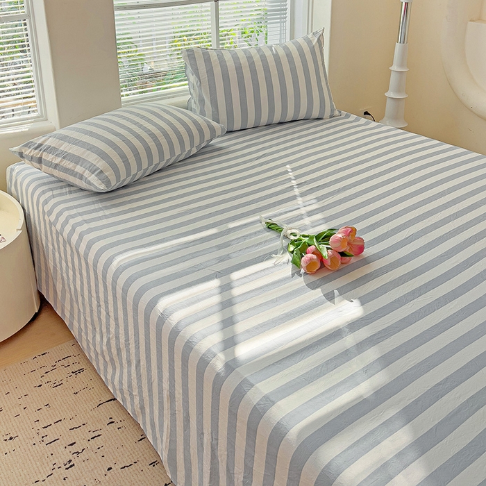 91家纺网 家纺一手货源 找家纺 爱彼家纺 2026春夏新款中条床单水洗棉亲肤柔软床单三件套-条纹系列一 蓝灰中条