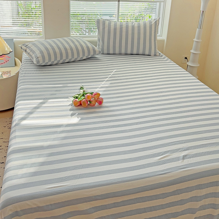 91家纺网 家纺一手货源 找家纺 爱彼家纺 2026春夏新款中条床单水洗棉亲肤柔软床单三件套-条纹系列一 蓝灰中条