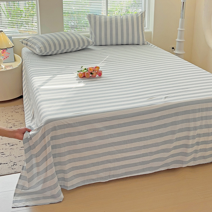 91家纺网 家纺一手货源 找家纺 爱彼家纺 2026春夏新款中条床单水洗棉亲肤柔软床单三件套-条纹系列一 蓝灰中条