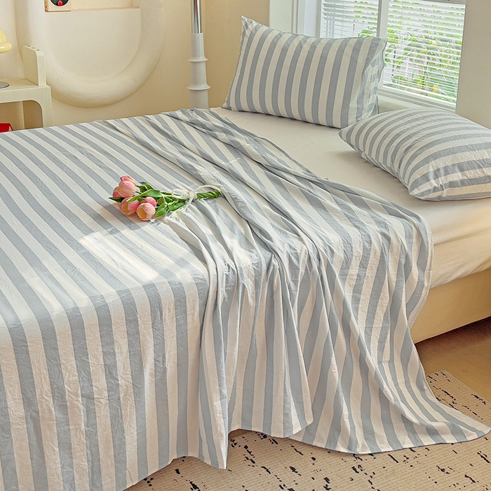 91家纺网 家纺一手货源 找家纺 爱彼家纺 2026春夏新款中条床单水洗棉亲肤柔软床单三件套-条纹系列一 蓝灰中条