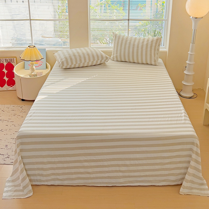 91家纺网 家纺一手货源 找家纺 爱彼家纺 2026春夏新款中条床单水洗棉亲肤柔软床单三件套-条纹系列一 奶咖中条