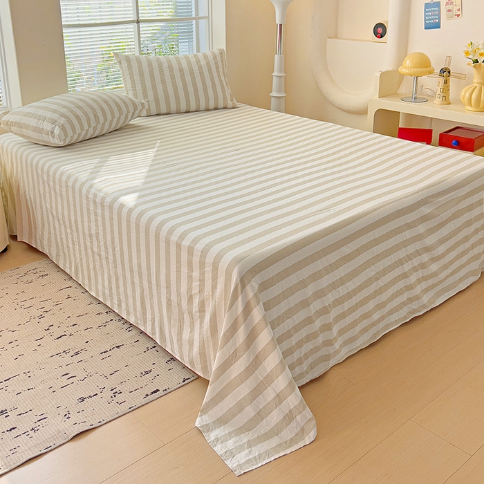 91家纺网 家纺一手货源 找家纺 爱彼家纺 2026春夏新款中条床单水洗棉亲肤柔软床单三件套-条纹系列一 奶咖中条