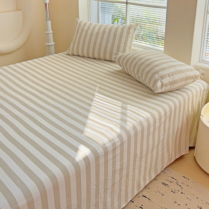 91家纺网 家纺一手货源 找家纺 爱彼家纺 2026春夏新款中条床单水洗棉亲肤柔软床单三件套-条纹系列一 奶咖中条