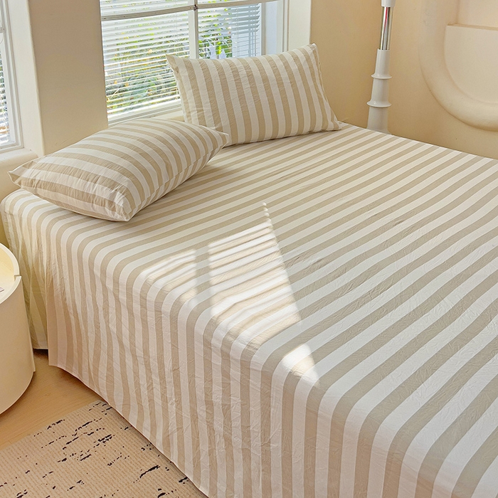 91家纺网 家纺一手货源 找家纺 爱彼家纺 2026春夏新款中条床单水洗棉亲肤柔软床单三件套-条纹系列一 奶咖中条