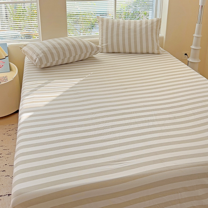 91家纺网 家纺一手货源 找家纺 爱彼家纺 2026春夏新款中条床单水洗棉亲肤柔软床单三件套-条纹系列一 奶咖中条