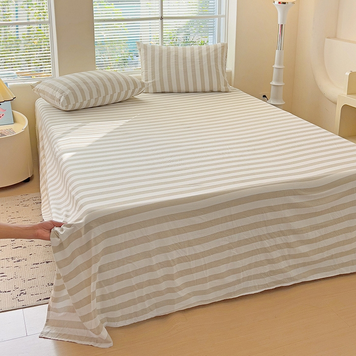 91家纺网 家纺一手货源 找家纺 爱彼家纺 2026春夏新款中条床单水洗棉亲肤柔软床单三件套-条纹系列一 奶咖中条