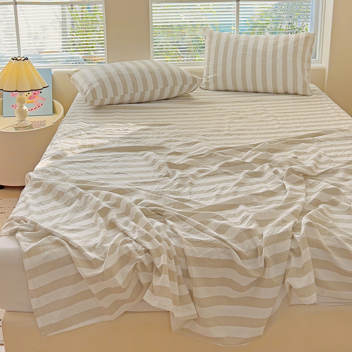 91家纺网 家纺一手货源 找家纺 爱彼家纺 2026春夏新款中条床单水洗棉亲肤柔软床单三件套-条纹系列一 奶咖中条