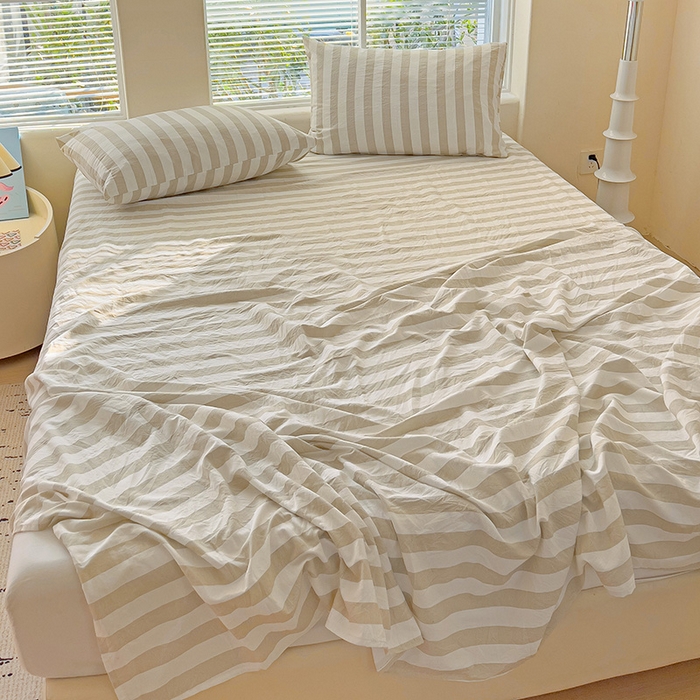 91家纺网 家纺一手货源 找家纺 爱彼家纺 2026春夏新款中条床单水洗棉亲肤柔软床单三件套-条纹系列一 奶咖中条