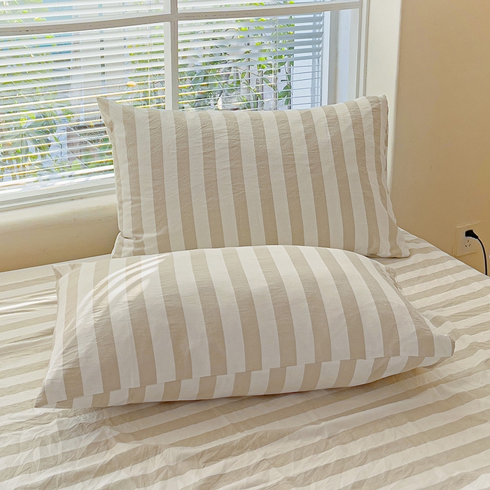 91家纺网 家纺一手货源 找家纺 爱彼家纺 2026春夏新款中条床单水洗棉亲肤柔软床单三件套-条纹系列一 奶咖中条