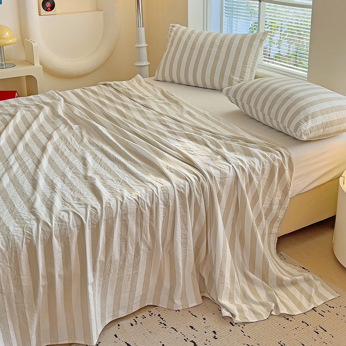 91家纺网 家纺一手货源 找家纺 爱彼家纺 2026春夏新款中条床单水洗棉亲肤柔软床单三件套-条纹系列一 奶咖中条