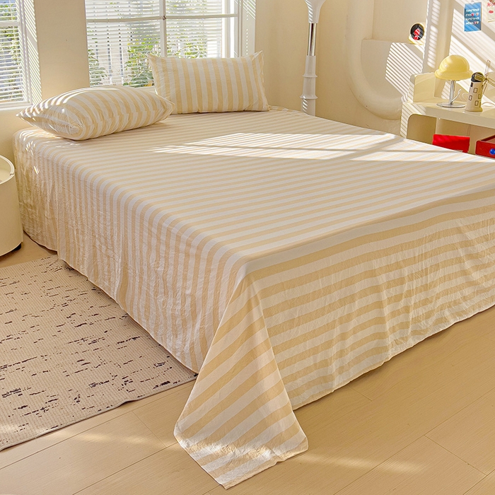 91家纺网 家纺一手货源 找家纺 爱彼家纺 2026春夏新款中条床单水洗棉亲肤柔软床单三件套-条纹系列一 浅驼中条