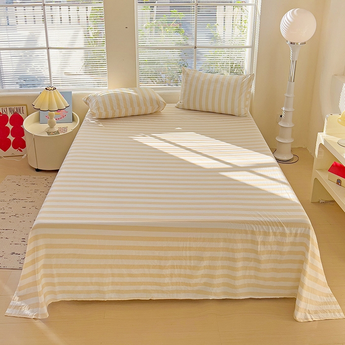 91家纺网 家纺一手货源 找家纺 爱彼家纺 2026春夏新款中条床单水洗棉亲肤柔软床单三件套-条纹系列一 浅驼中条