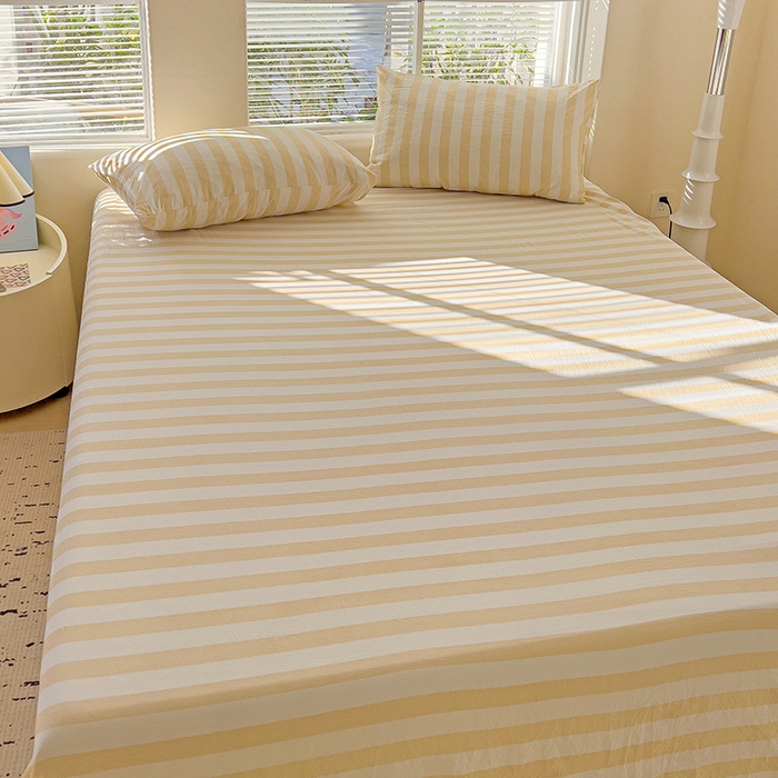 91家纺网 家纺一手货源 找家纺 爱彼家纺 2026春夏新款中条床单水洗棉亲肤柔软床单三件套-条纹系列一 浅驼中条