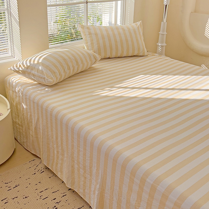 91家纺网 家纺一手货源 找家纺 爱彼家纺 2026春夏新款中条床单水洗棉亲肤柔软床单三件套-条纹系列一 浅驼中条