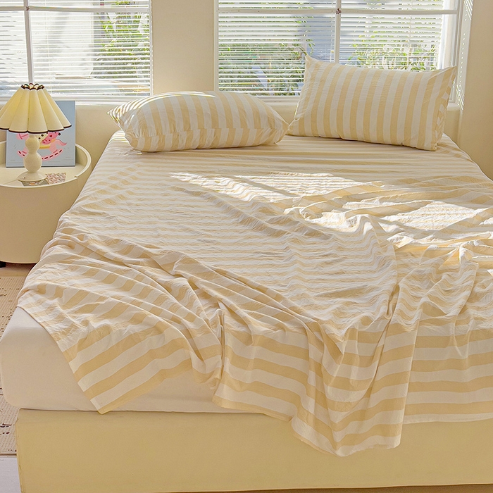 91家纺网 家纺一手货源 找家纺 爱彼家纺 2026春夏新款中条床单水洗棉亲肤柔软床单三件套-条纹系列一 浅驼中条