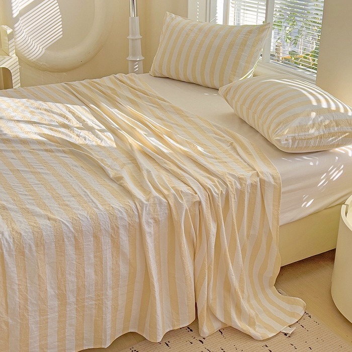 91家纺网 家纺一手货源 找家纺 爱彼家纺 2026春夏新款中条床单水洗棉亲肤柔软床单三件套-条纹系列一 浅驼中条