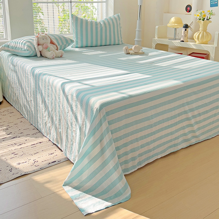 91家纺网 家纺一手货源 找家纺 爱彼家纺 2026春夏新款中条床单水洗棉亲肤柔软床单三件套-条纹系列一 青绿中条