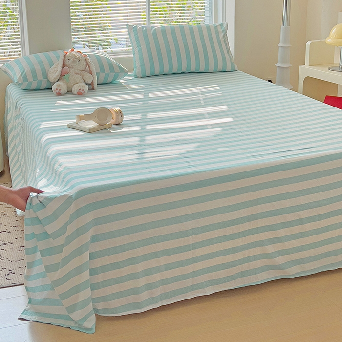 91家纺网 家纺一手货源 找家纺 爱彼家纺 2026春夏新款中条床单水洗棉亲肤柔软床单三件套-条纹系列一 青绿中条