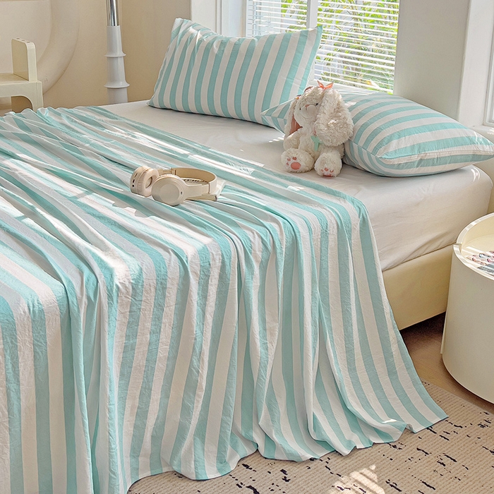 91家纺网 家纺一手货源 找家纺 爱彼家纺 2026春夏新款中条床单水洗棉亲肤柔软床单三件套-条纹系列一 青绿中条