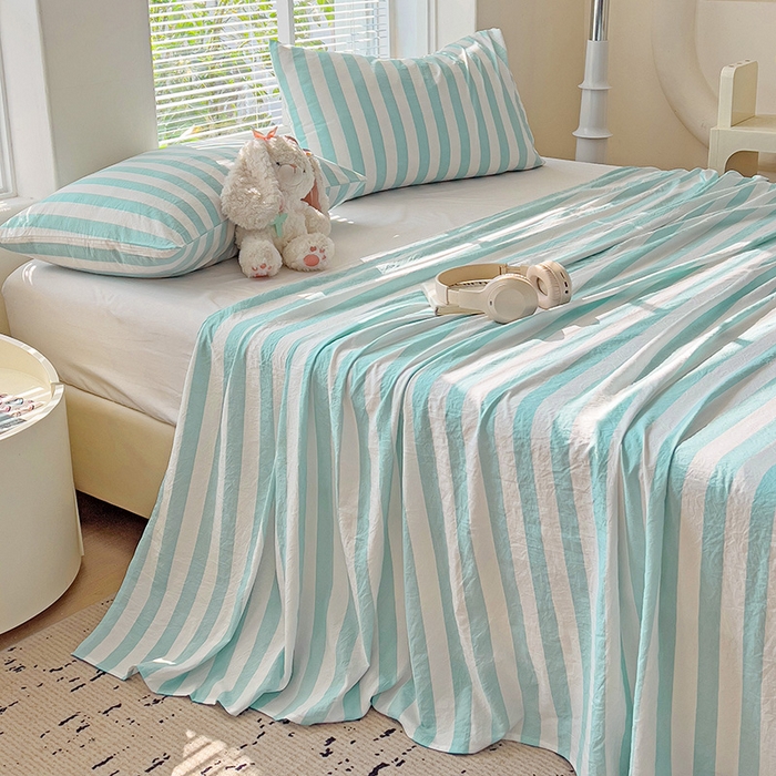 91家纺网 家纺一手货源 找家纺 爱彼家纺 2026春夏新款中条床单水洗棉亲肤柔软床单三件套-条纹系列一 青绿中条