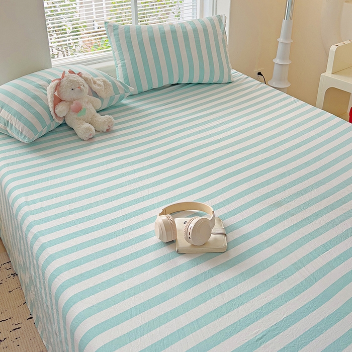 91家纺网 家纺一手货源 找家纺 爱彼家纺 2026春夏新款中条床单水洗棉亲肤柔软床单三件套-条纹系列一 青绿中条