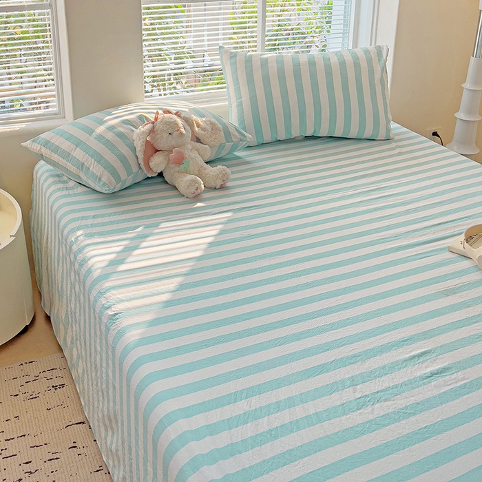 91家纺网 家纺一手货源 找家纺 爱彼家纺 2026春夏新款中条床单水洗棉亲肤柔软床单三件套-条纹系列一 青绿中条