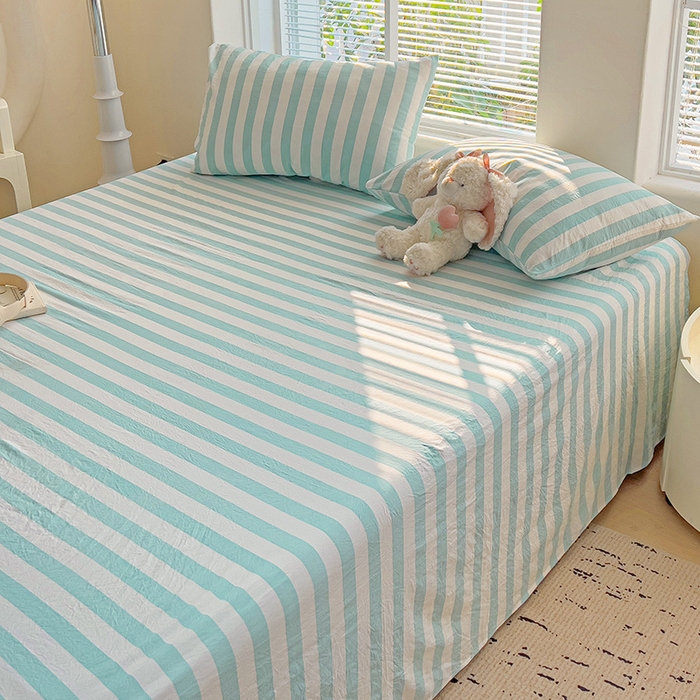 91家纺网 家纺一手货源 找家纺 爱彼家纺 2026春夏新款中条床单水洗棉亲肤柔软床单三件套-条纹系列一 青绿中条