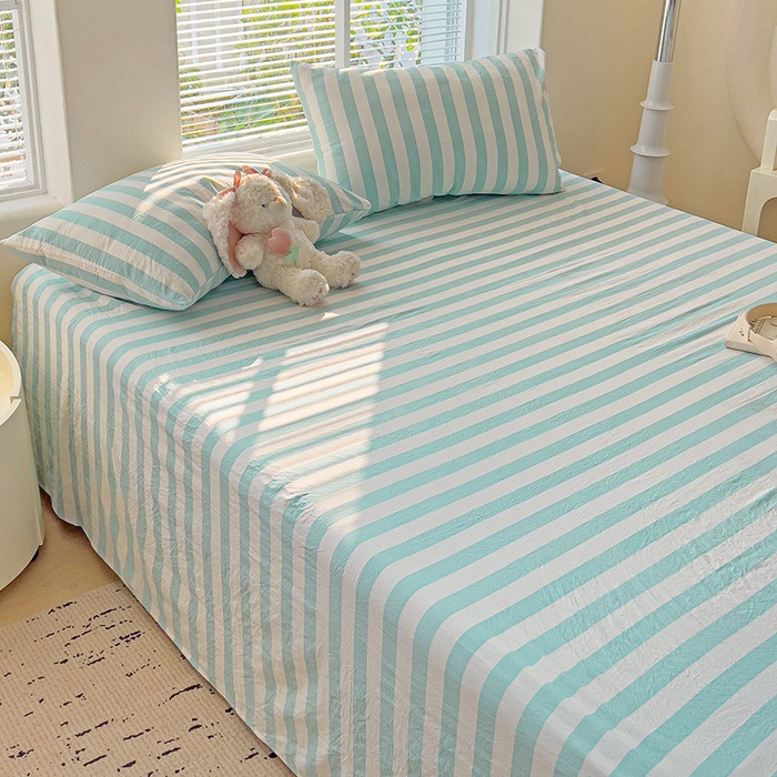 91家纺网 家纺一手货源 找家纺 爱彼家纺 2026春夏新款中条床单水洗棉亲肤柔软床单三件套-条纹系列一 青绿中条