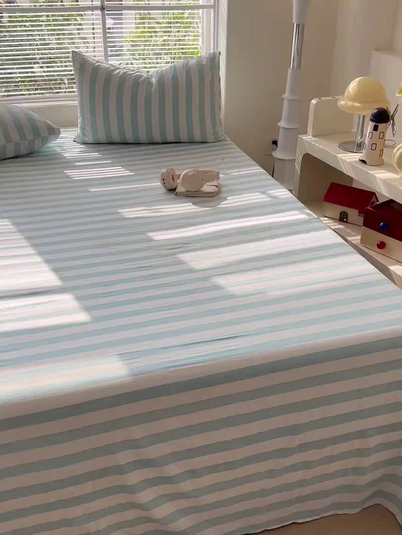 91家纺网 家纺一手货源 找家纺 爱彼家纺 2026春夏新款中条床单水洗棉亲肤柔软床单三件套-条纹系列一 青绿中条