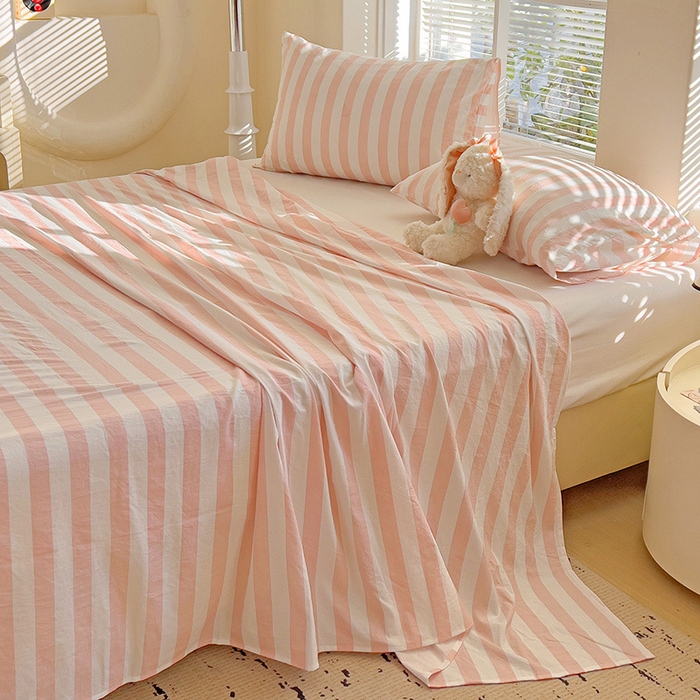 91家纺网 家纺一手货源 找家纺 爱彼家纺 2026春夏新款中条床单水洗棉亲肤柔软床单三件套-条纹系列一 雅粉中条