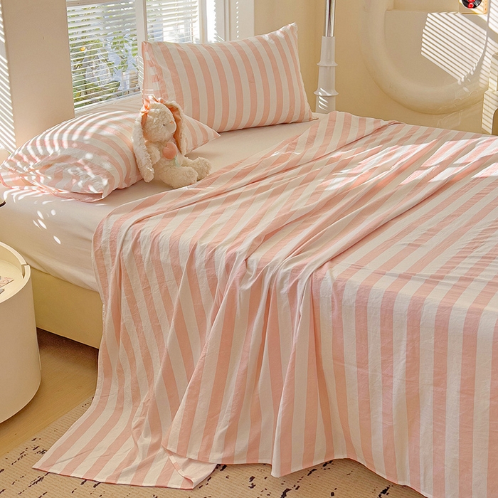 91家纺网 家纺一手货源 找家纺 爱彼家纺 2026春夏新款中条床单水洗棉亲肤柔软床单三件套-条纹系列一 雅粉中条