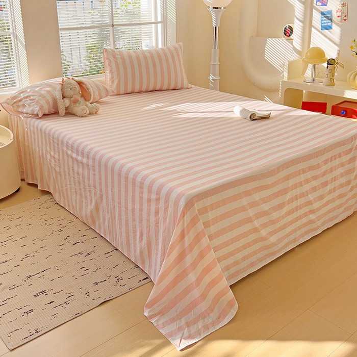 91家纺网 家纺一手货源 找家纺 爱彼家纺 2026春夏新款中条床单水洗棉亲肤柔软床单三件套-条纹系列一 雅粉中条