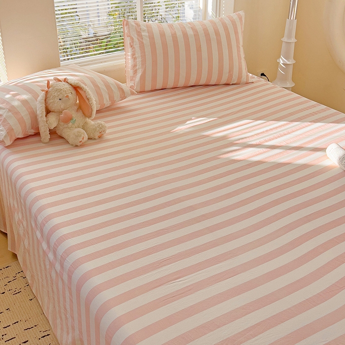 91家纺网 家纺一手货源 找家纺 爱彼家纺 2026春夏新款中条床单水洗棉亲肤柔软床单三件套-条纹系列一 雅粉中条