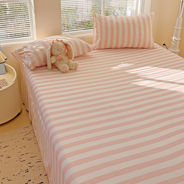 91家纺网 家纺一手货源 找家纺 爱彼家纺 2026春夏新款中条床单水洗棉亲肤柔软床单三件套-条纹系列一 雅粉中条