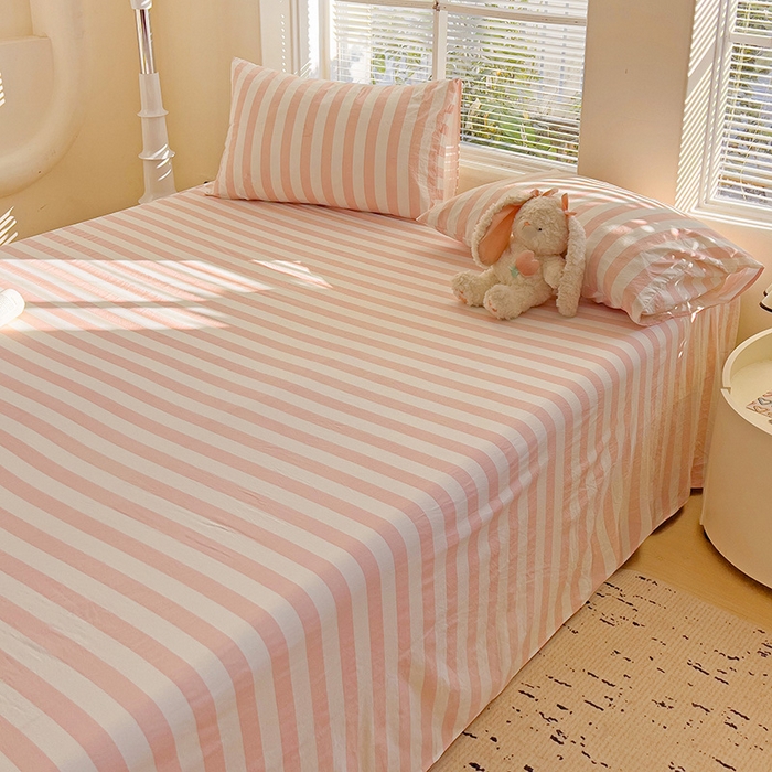 91家纺网 家纺一手货源 找家纺 爱彼家纺 2026春夏新款中条床单水洗棉亲肤柔软床单三件套-条纹系列一 雅粉中条