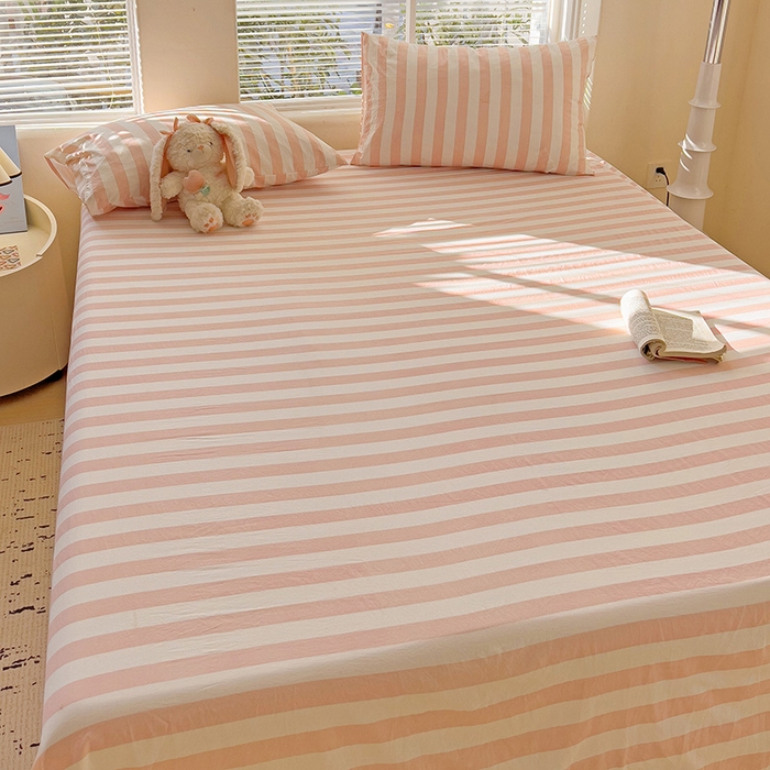 91家纺网 家纺一手货源 找家纺 爱彼家纺 2026春夏新款中条床单水洗棉亲肤柔软床单三件套-条纹系列一 雅粉中条