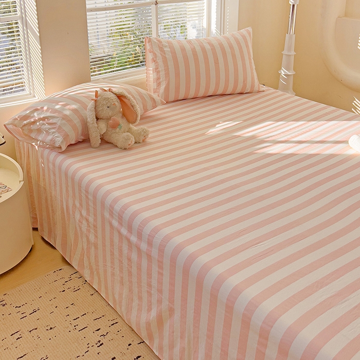 91家纺网 家纺一手货源 找家纺 爱彼家纺 2026春夏新款中条床单水洗棉亲肤柔软床单三件套-条纹系列一 雅粉中条