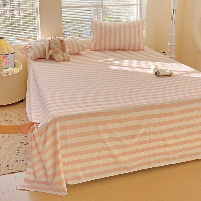 91家纺网 家纺一手货源 找家纺 爱彼家纺 2026春夏新款中条床单水洗棉亲肤柔软床单三件套-条纹系列一 雅粉中条