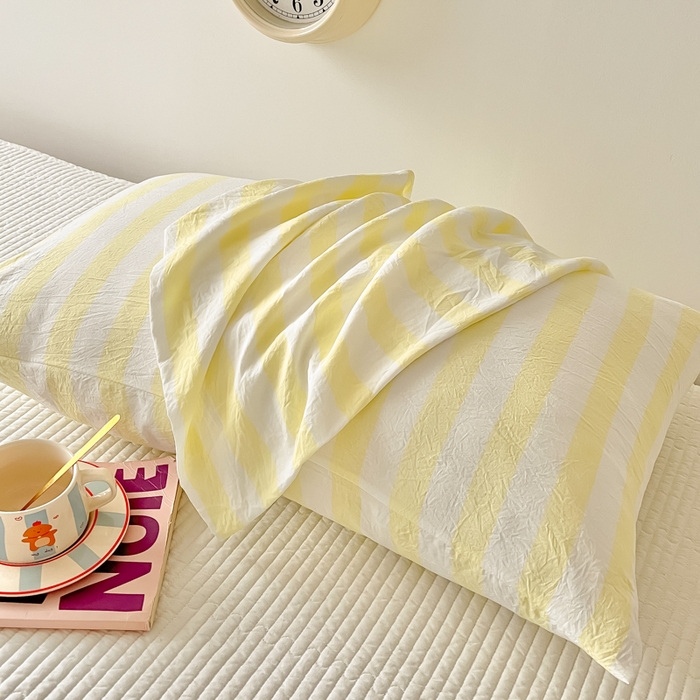 爱彼家纺 2026新款条纹系列中条枕套一只一对装亲肤柔软-春夏新品 水洗棉条纹鹅黄