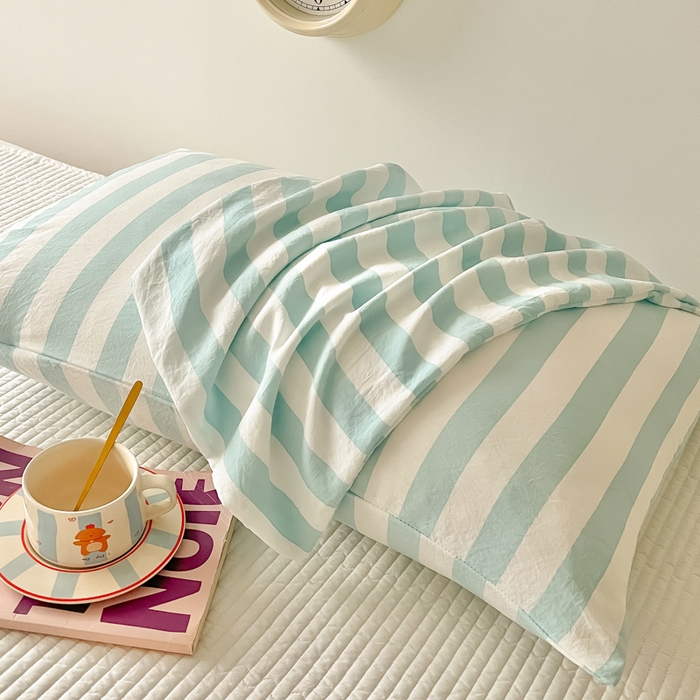 爱彼家纺 2026新款条纹系列中条枕套一只一对装亲肤柔软-春夏新品 水洗棉条纹青绿