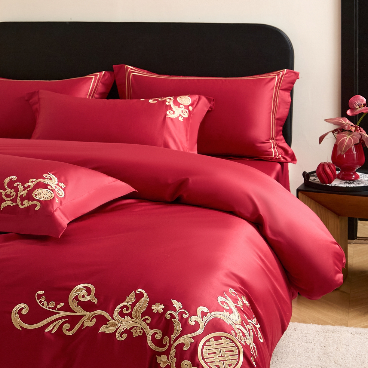 91家纺网 家纺一手货源 找家纺 （总）ONE TWO ONE 121 【会员-20】 【控价商品】【提供买家秀】  2026新款100s长绒棉全棉床上用品结婚四件套刺绣款